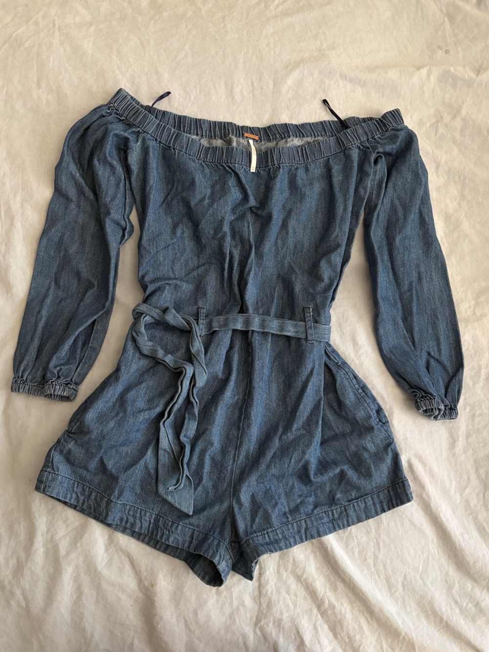 Free People Blue Off-Shoulder Denim Romper Shorts